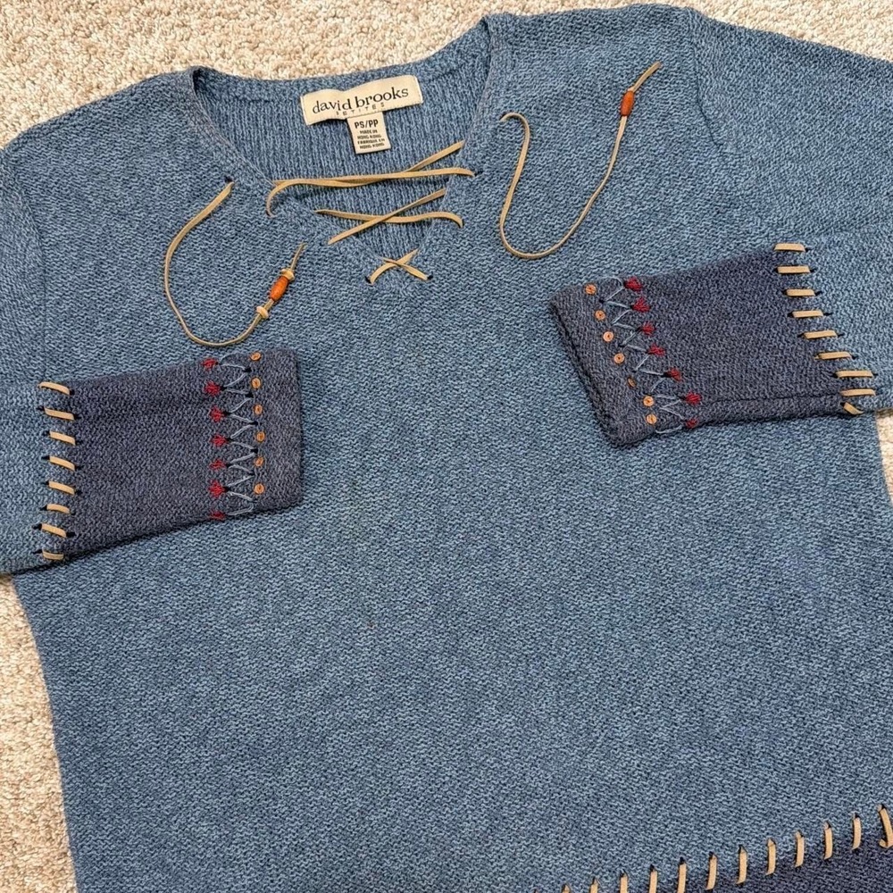 Rare 90s Vintage David Brooks Lace-Up Aztec Knit Sweater | Blue | Small
